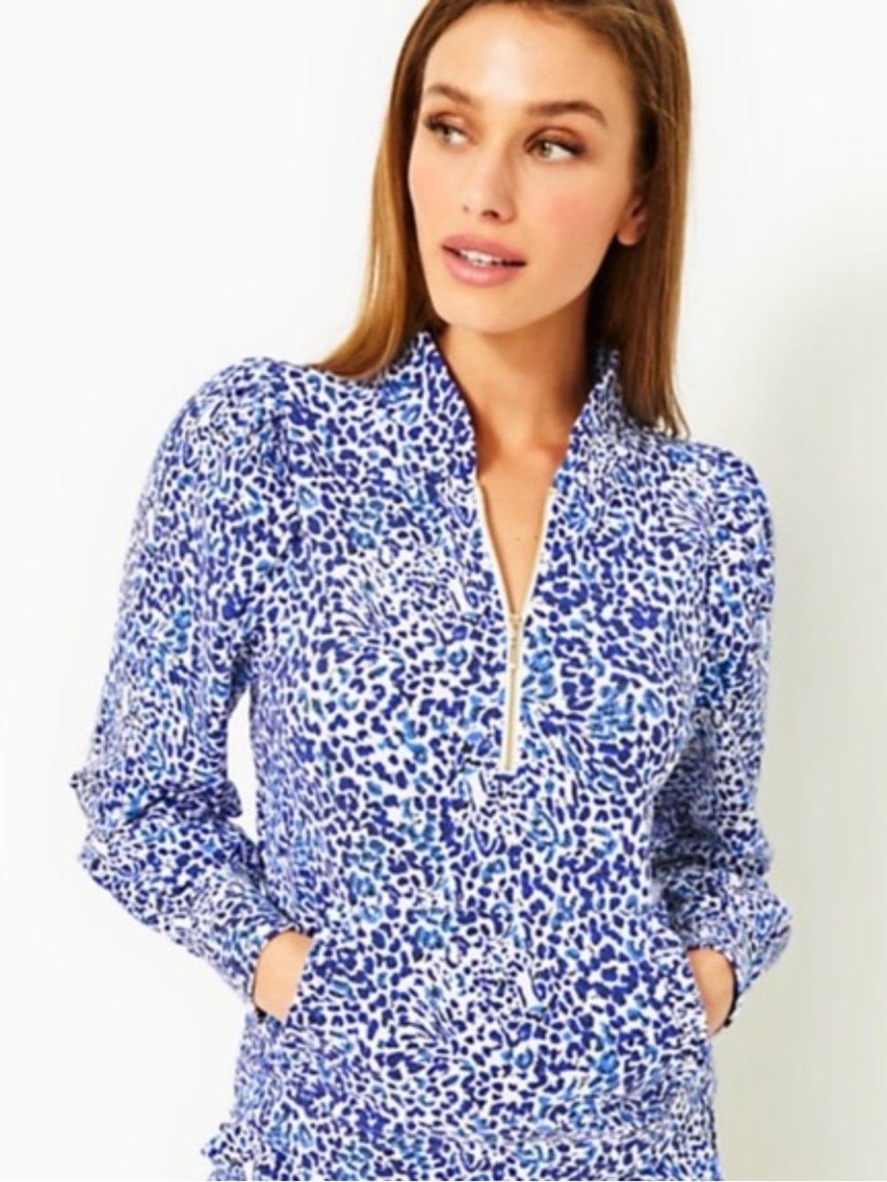 Lilly Pulitzer Blue and White Leopard Print Quarter-Zip Pullover